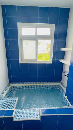 Baignoire à jets, douche hydromassante, articles de toilette gratuits