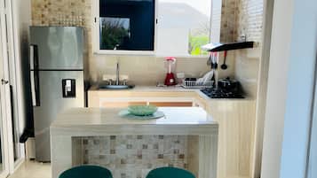 Fridge, toaster, blender, coffee grinder