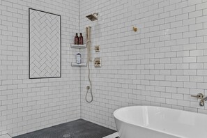 Hair dryer, towels, soap, shampoo