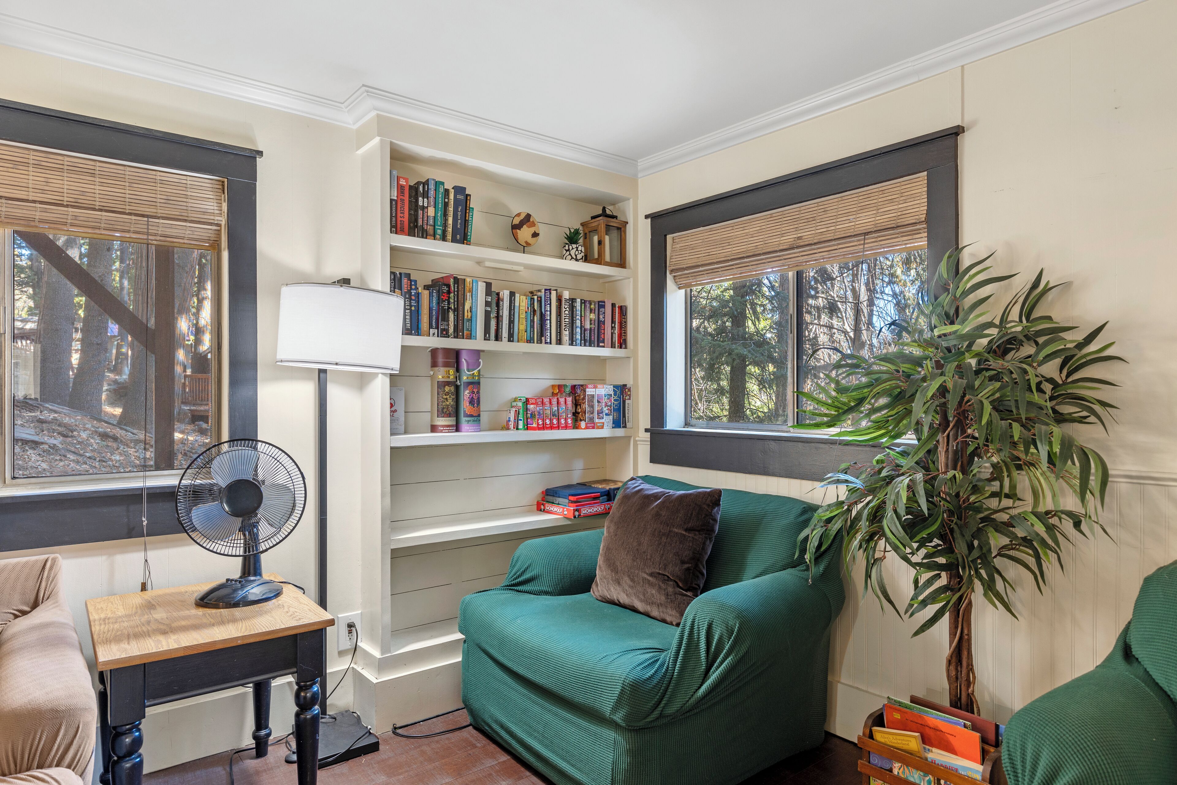 A cozy room with a green sofa, a bookshelf, a fan, and a potted plant.