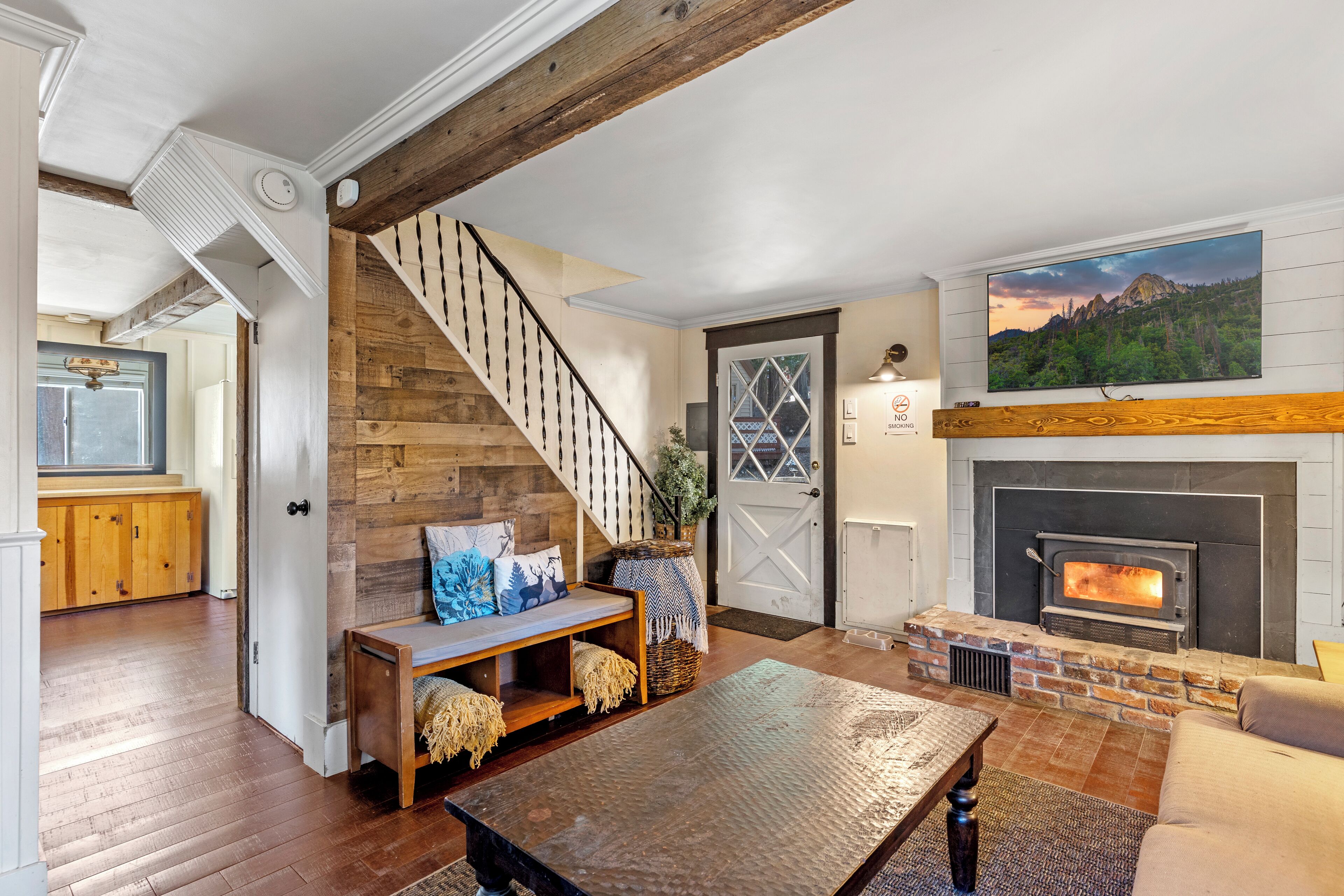 Smart TV, fireplace, books