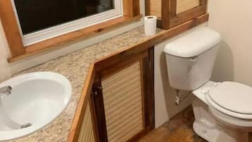 Shower, towels, soap, toilet paper