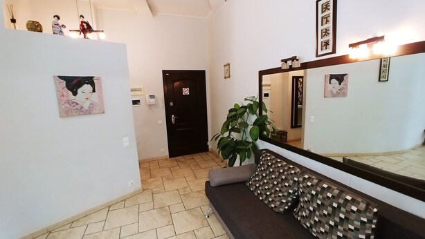 A hallway with a dark door, a large mirror, and a sofa with patterned cushions. -  Studio. 5 Lesi Urainky blvd. Near Parus, Gulliver  (Passau)