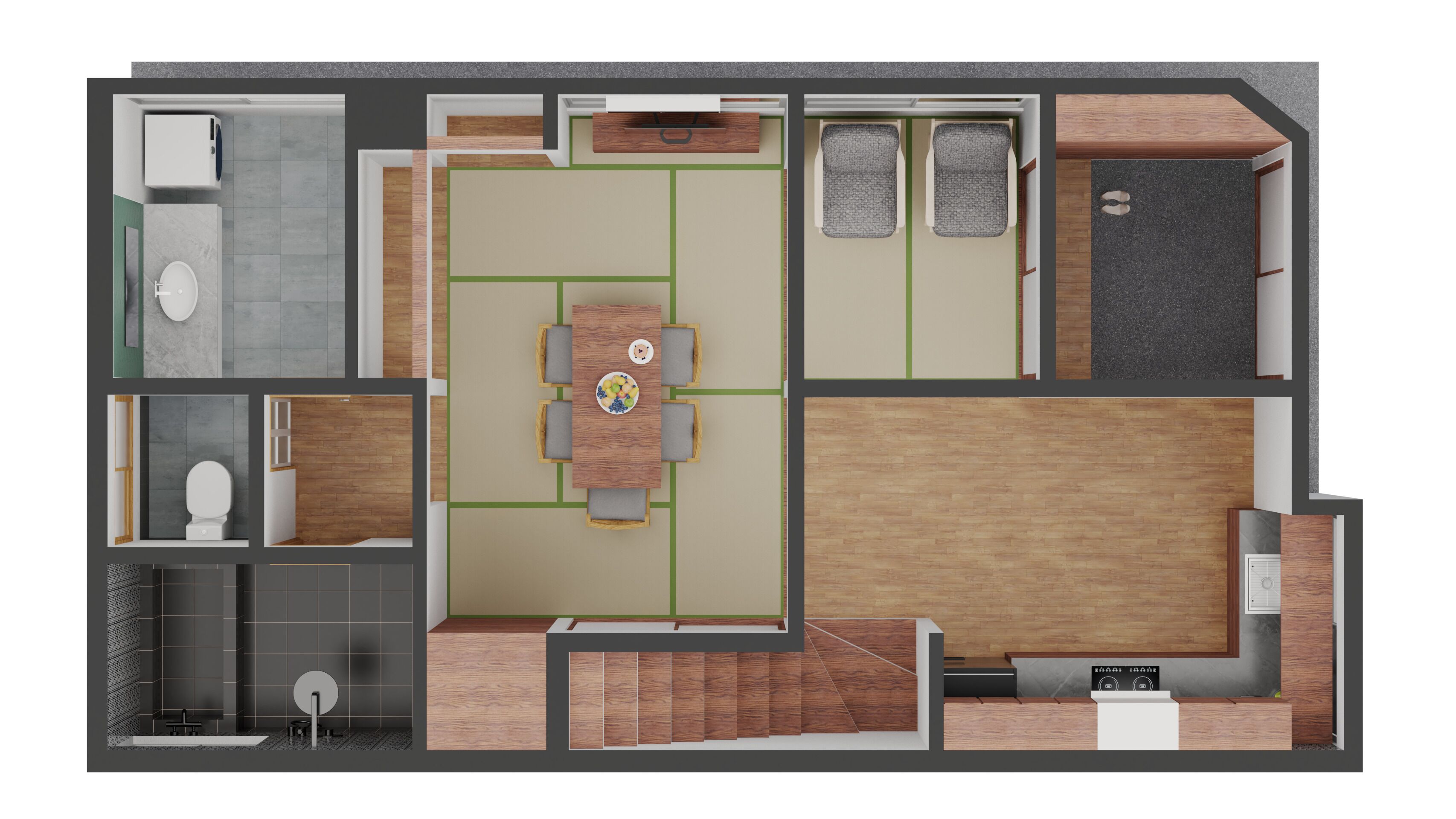 A floor plan of a hotel room with a bathroom, a dining area, a kitchenette, and a living area.