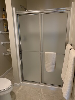 Shower, towels, toilet paper