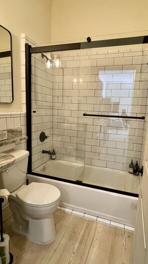 Hair dryer, towels, soap, shampoo