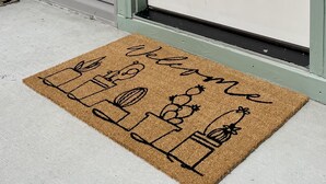 Une porte d’entrée avec un paillasson, une boîte aux lettres et une fenêtre.