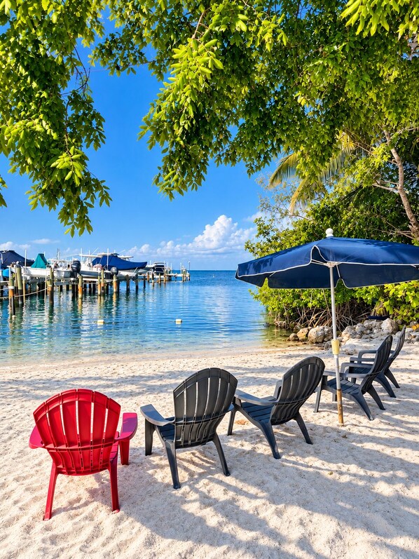 Une plage avec une eau d’un bleu limpide, une jetée et une rangée de chaises et de parasols.