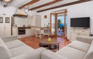 Tv, eldstad och en stereo