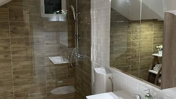 Shower, hair dryer, towels, soap