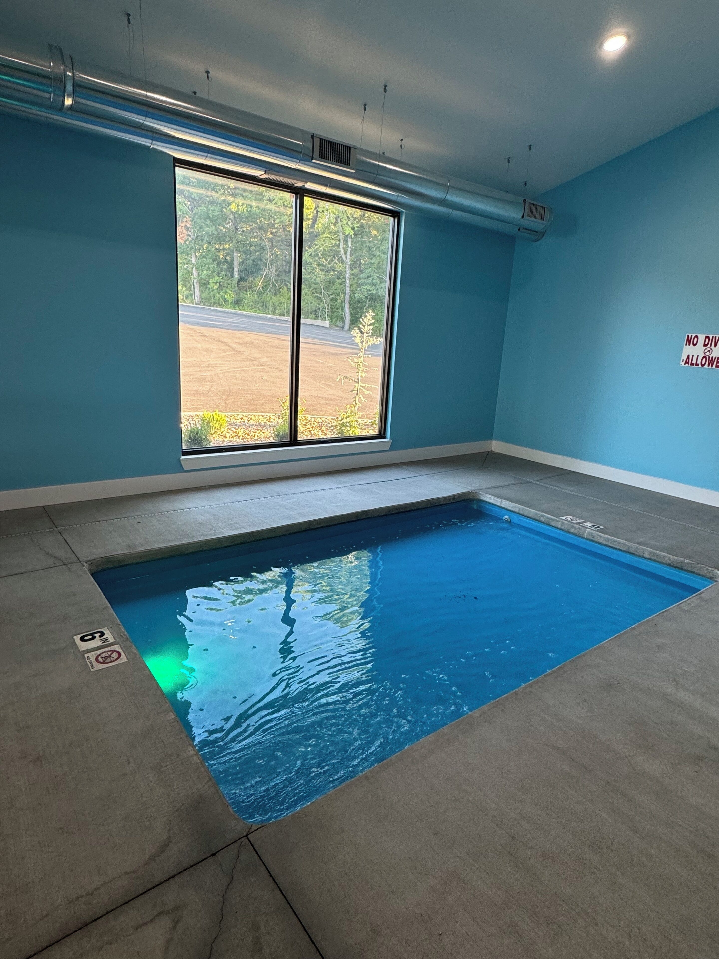 An indoor swimming pool with a view of a road and trees.