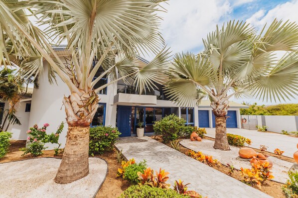 A modern building with a blue door, surrounded by palm trees and various plants. - The ultimate getaway! Spacious layout, luxurious amenities, including a pool. (Oranjestad)