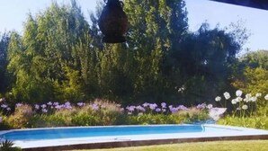 En swimmingpool omgivet af en velholdt græsplæne og blomstrende planter.