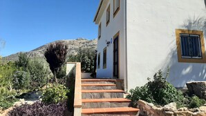Ein weißes Gebäude mit einer Treppe zum Eingang, umgeben von Grünpflanzen und einem Berg im Hintergrund.