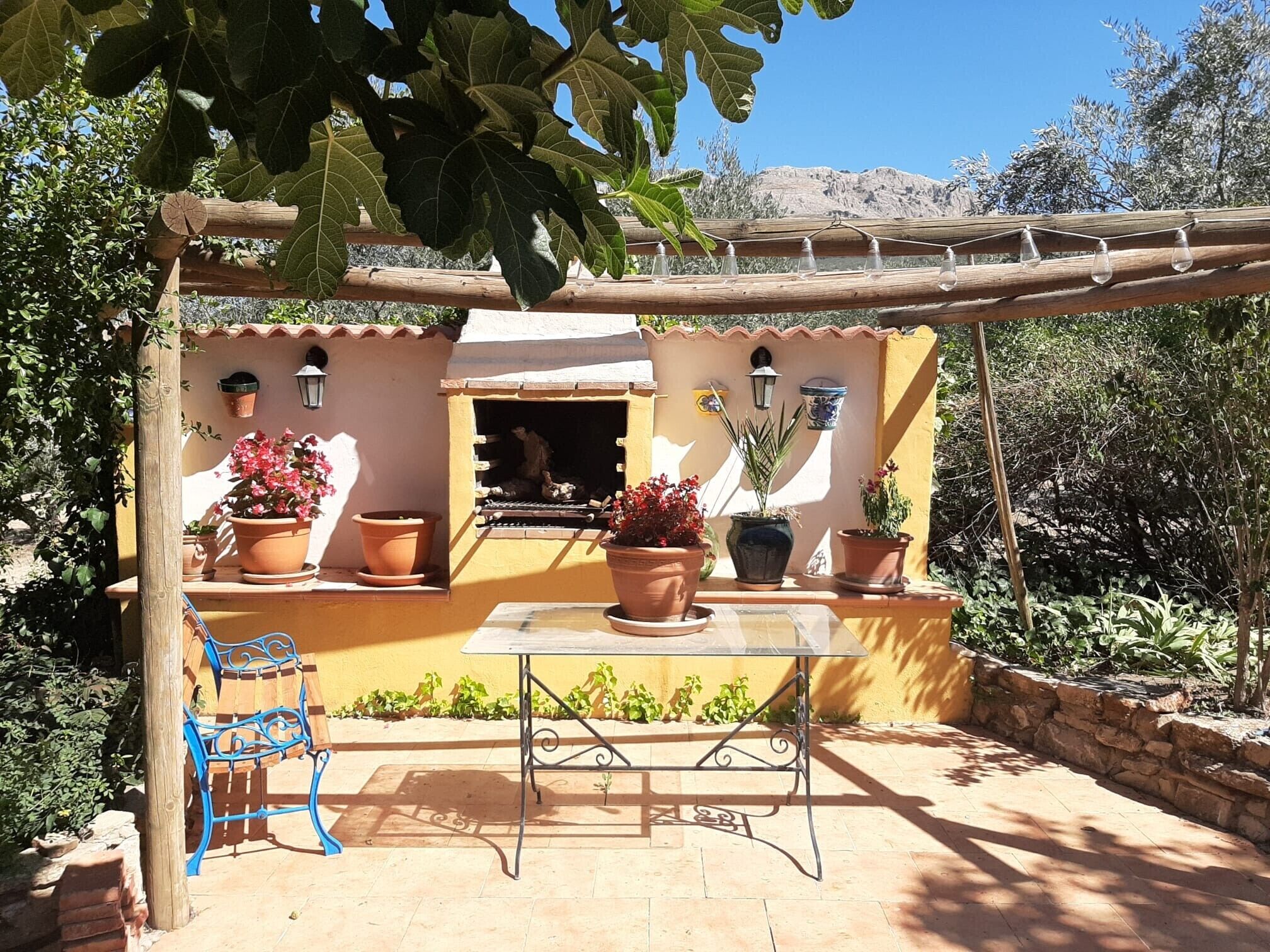 A patio with a table and chairs, surrounded by potted plants and a wooden pergola.