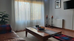 Ein Wohnzimmer mit Sofa, Couchtisch, Topfpflanze, Fernseher und Heizkörper.