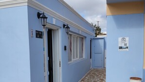 A narrow alleyway with a blue building, a door, and a window.