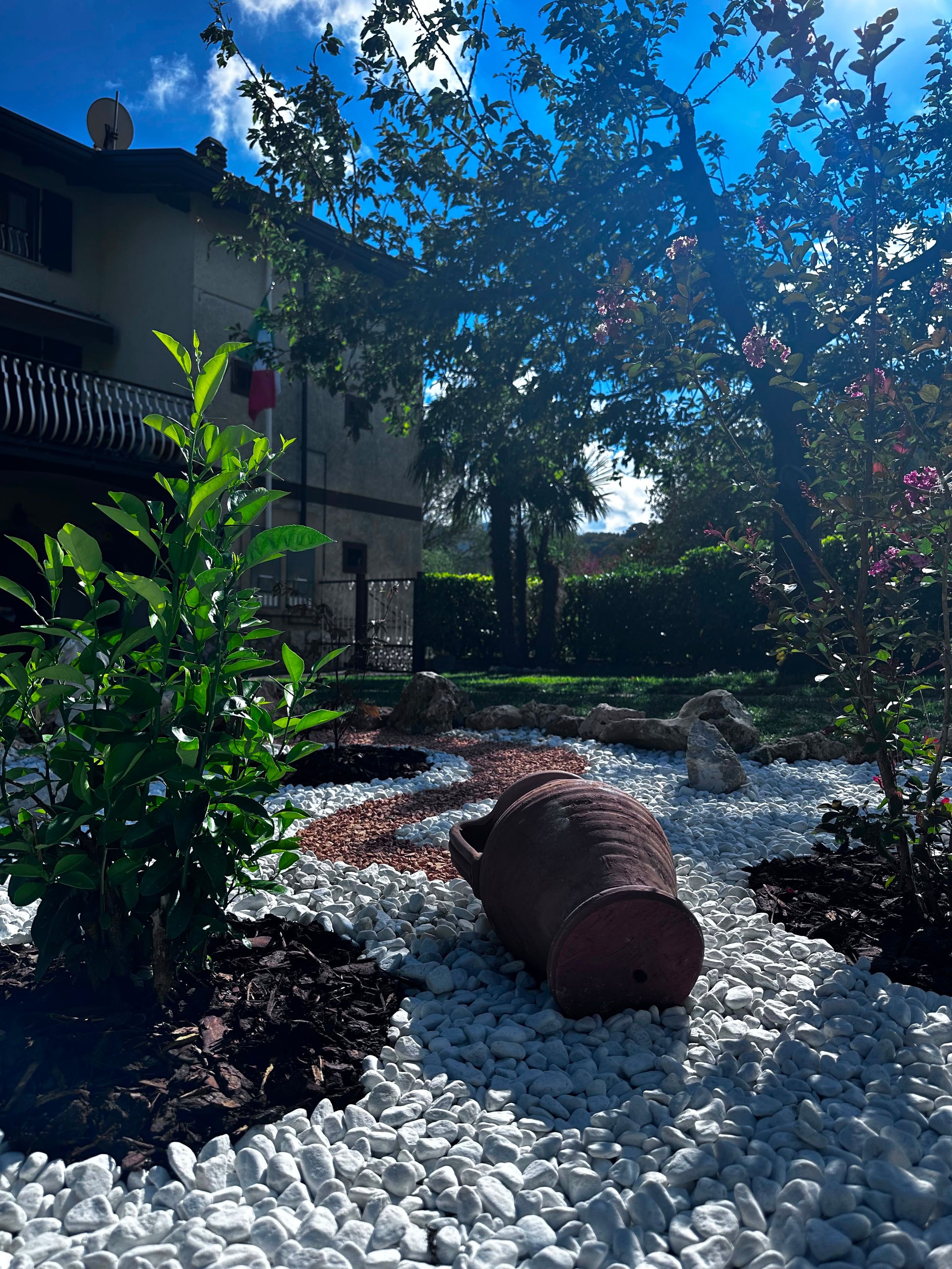 A garden with a large terracotta pot, white pebbles, and green plants.