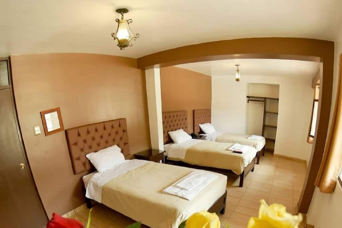 A hotel room with two beds, a chandelier, and a vase of roses.