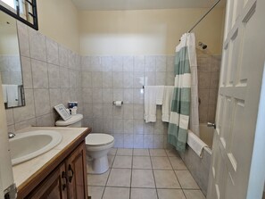 Hair dryer, towels, soap, toilet paper