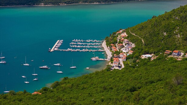 Un pueblo costero con un puerto deportivo, casas y abundante vegetación.