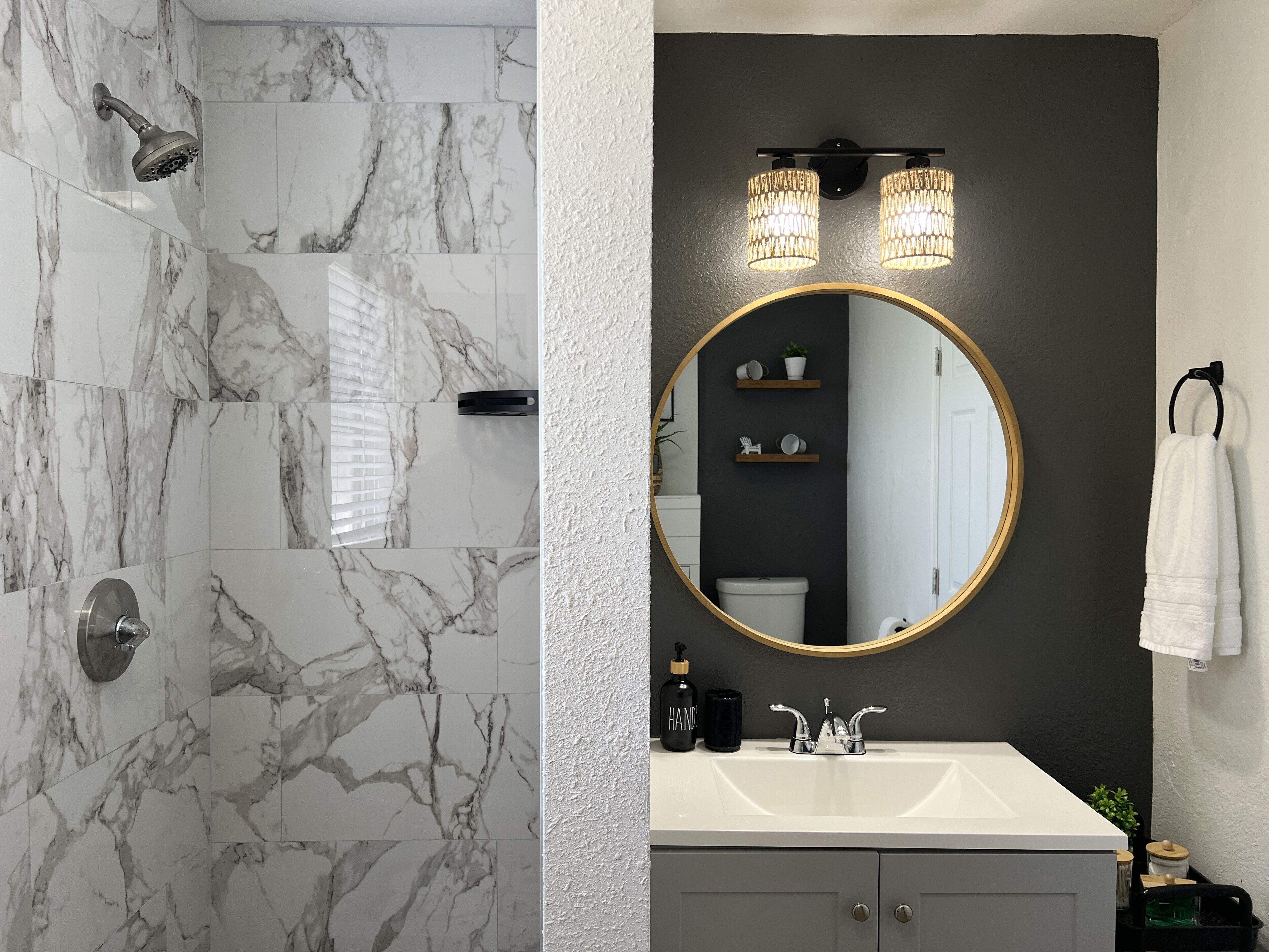 Hair dryer, towels, soap, shampoo