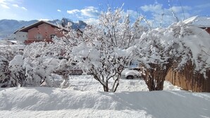Zona residencial coberta de neu amb cases, una tanca de fusta i un cotxe a la calçada.