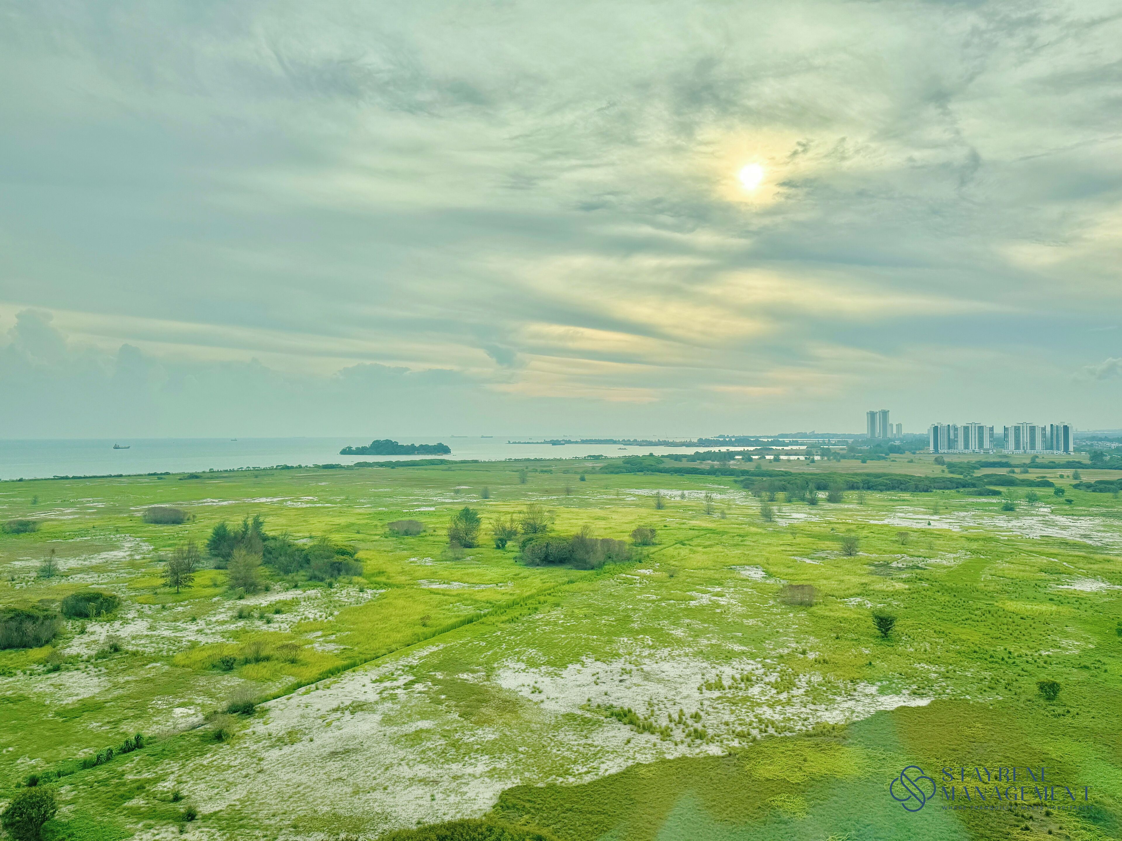 A coastal landscape with a green field, a small island, and high-rise buildings in the distance.