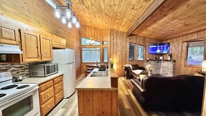 A cabin interior with wooden walls, a kitchen with a stove, microwave, and refrigerator, a dining area with a table and chairs, and a living room with a couch and fireplace. - Cozy 2br Bear Den Cabin in Campobello SC, on the upcoming Saluda Grade Trail. (Campobello)