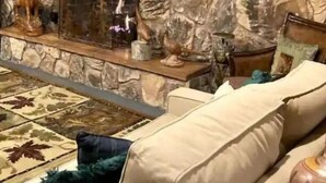 A stone fireplace with a glass enclosure, surrounded by a plush sofa and a patterned rug.