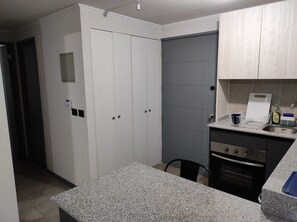 Fridge, microwave, oven, electric kettle