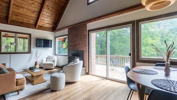 Smart TV, fireplace, books