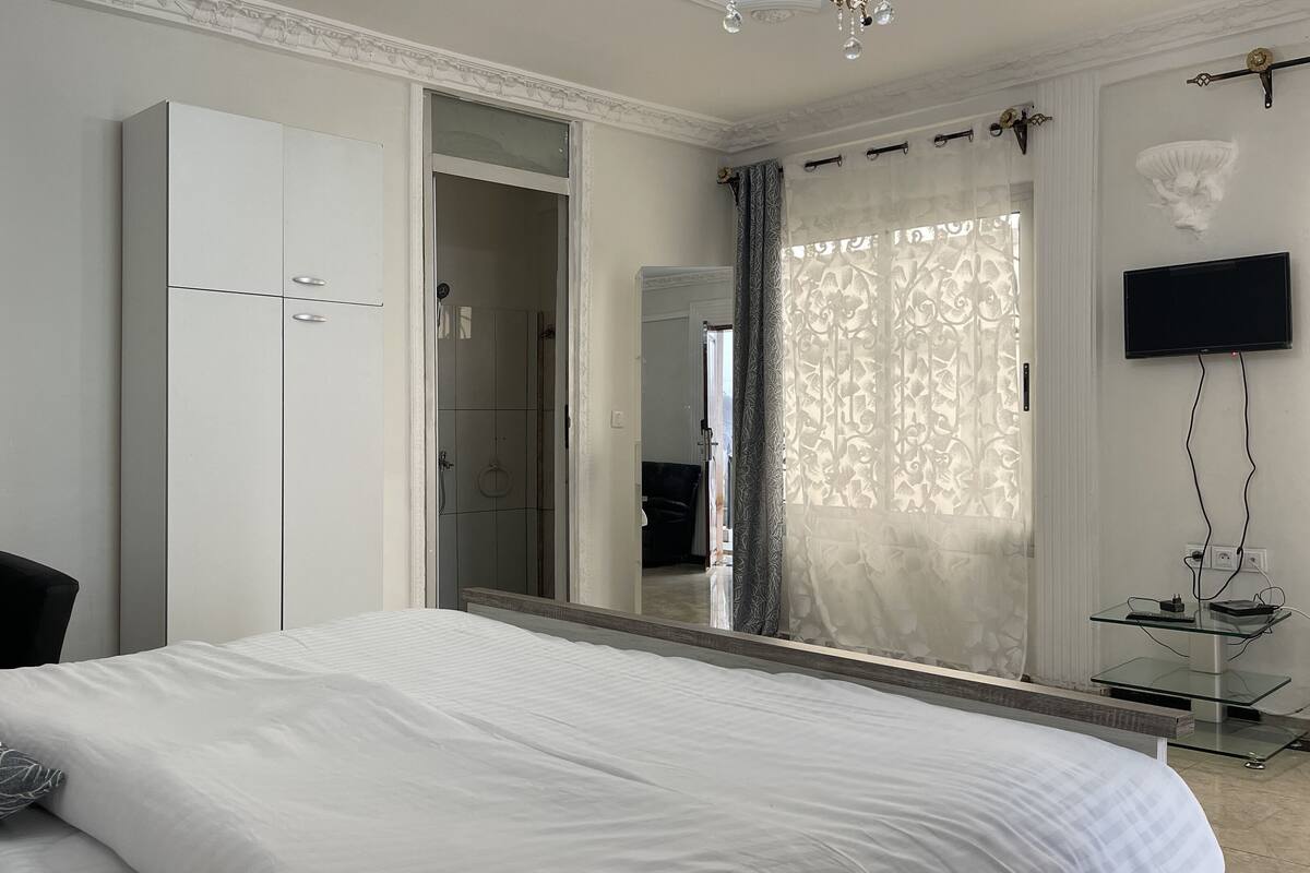 A bedroom with a bed, a wardrobe, a mirror, a television, and a shower area.