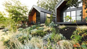 A modern house with a garden in front. - CAMP RANDONNEE__CABIN 4 (Mosier)