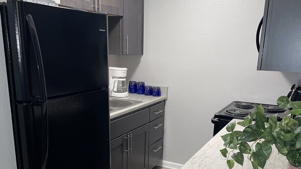 A compact kitchen with a black refrigerator, a coffee maker, and a stove. There are cabinets and a countertop with a potted plant. - King Bed. Funny Bone, Fraze, WPAFB, museum Adventure Reef. Fun get away!  (Kettering)