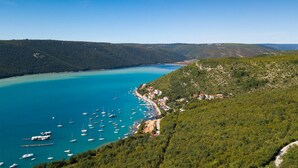 Une zone côtière dotée d’un port de plaisance rempli de bateaux, entourée de collines boisées.