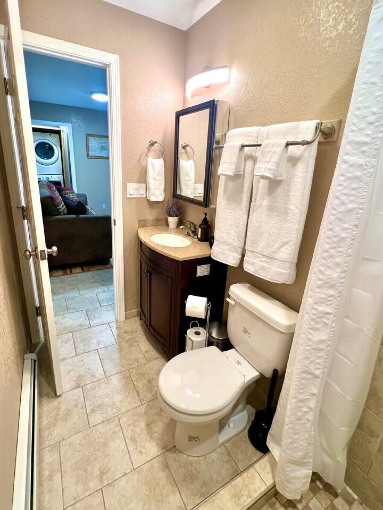 Une petite salle de bain comprenant des toilettes, un lavabo et un rideau de douche.