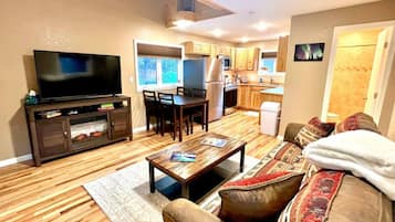 Smart TV, fireplace, books