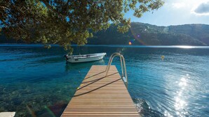 A wooden dock extending into clear blue water with a boat docked nearby.