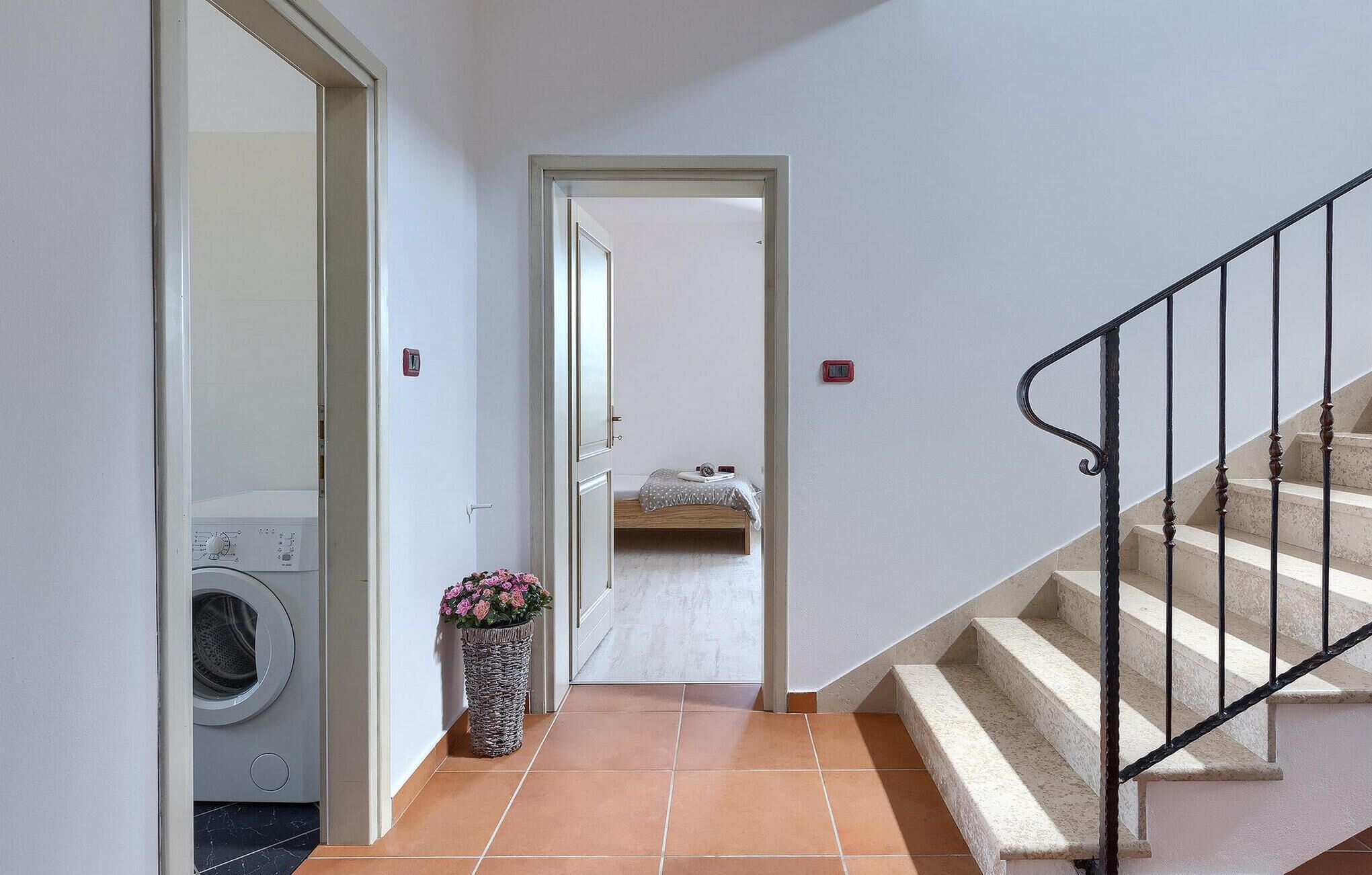 Un couloir avec un lave-linge, une plante en pot et un lit au fond.