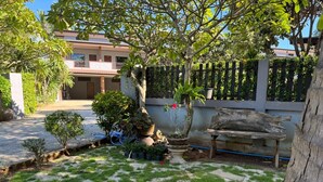 Un jardín con diversas plantas, un banco de madera y un edificio al fondo.