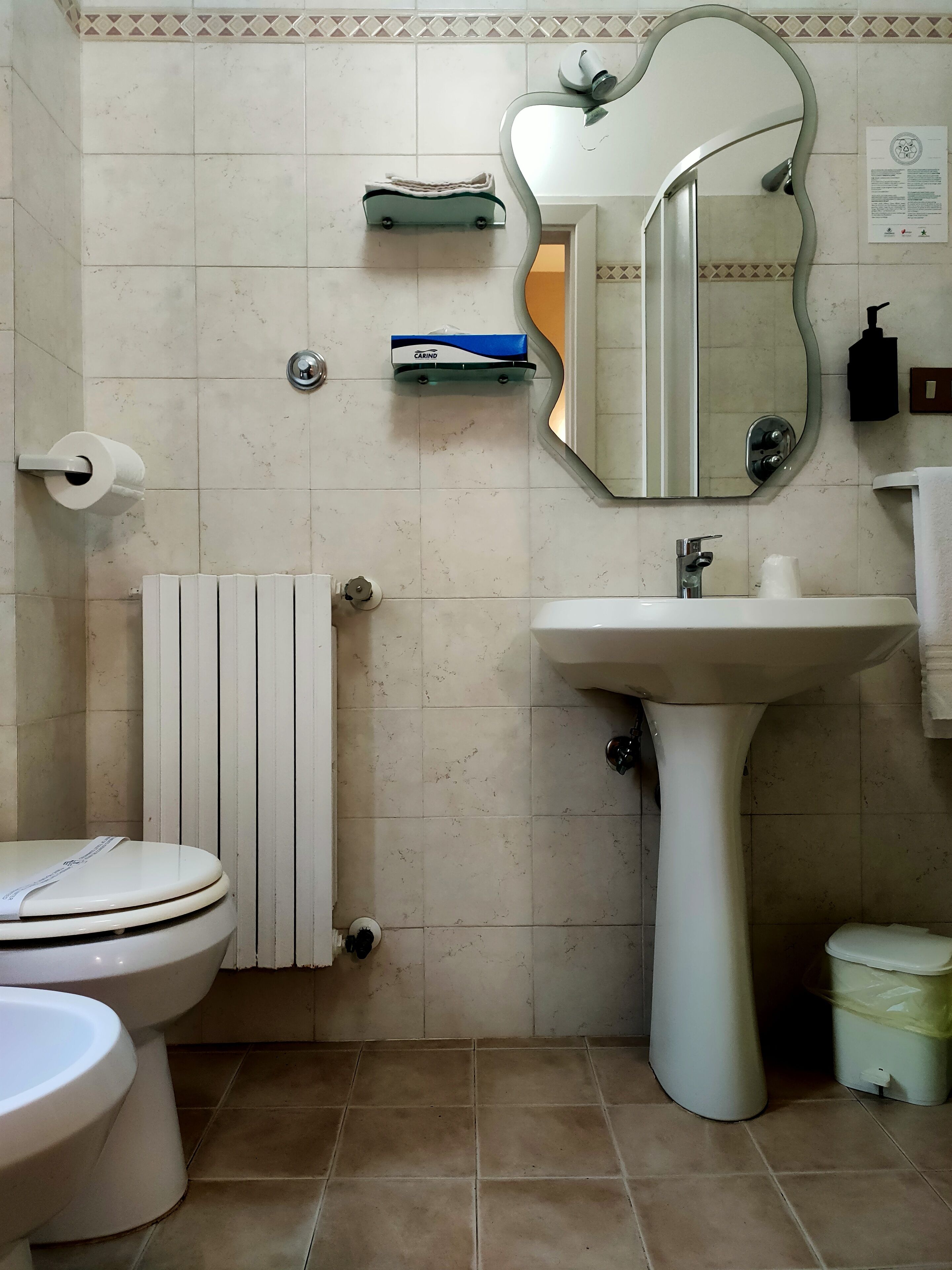Een badkamer met toilet, wastafel, spiegel, handdoekhouder en een prullenbak.
