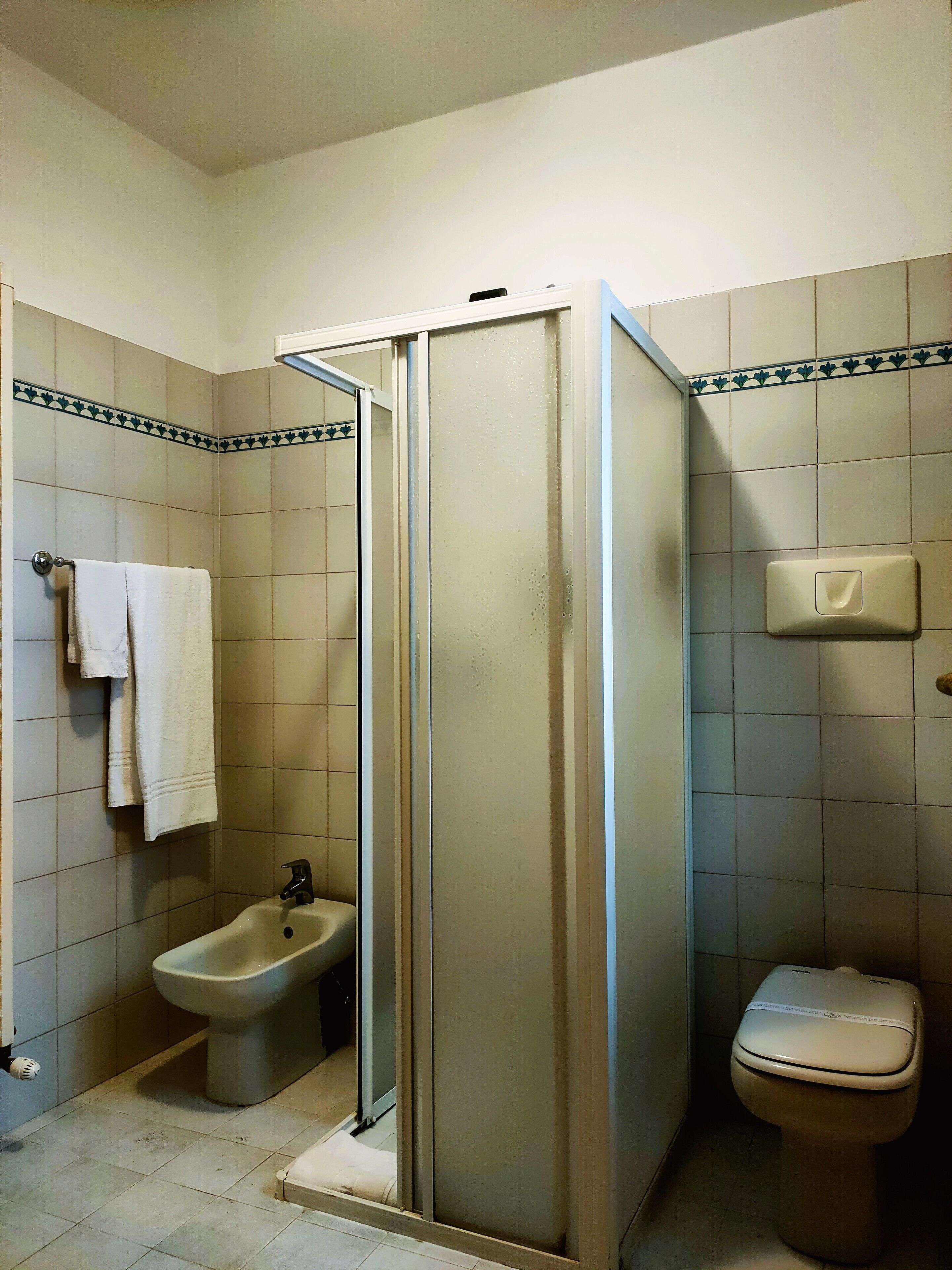 Un baño con cabina de ducha, un bidé, un inodoro y un perchero para toallas.