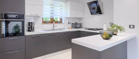 Fridge, oven, dishwasher, coffee/tea maker