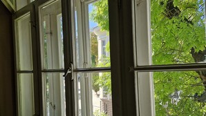 A room with large windows, a view of a tree, and a building in the background. - Lambo's Corner  (Varna)