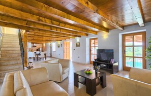 Televisor, llar de foc, reproductor de DVD i taula de tennis de taula