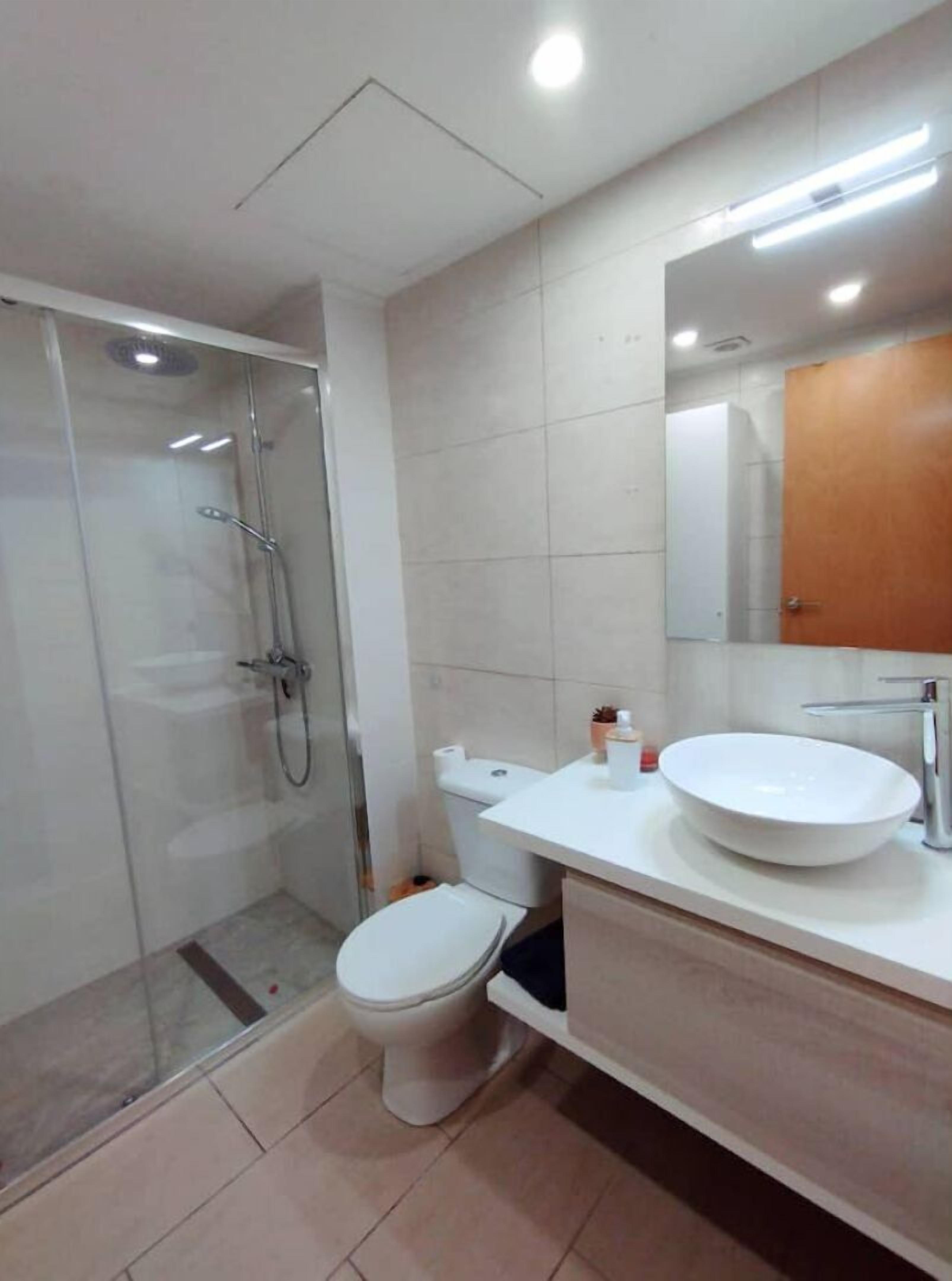 Hair dryer, towels, soap, shampoo