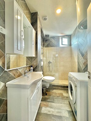 Superior Apartment | Bathroom | Shower, hair dryer, shampoo, toilet paper