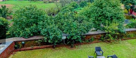 A grassy outdoor area with a table and chairs, surrounded by dense greenery and hills in the background.