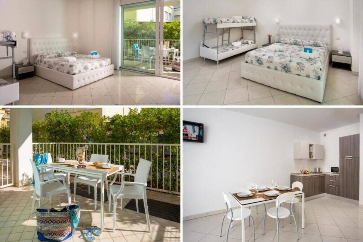 A bedroom with a bed, a balcony with a table and chairs, and a kitchen area with a dining table and chairs.